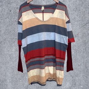 We the Free Striped Tunic Top Ribbed Sleeves Small Red Blue Burgundy